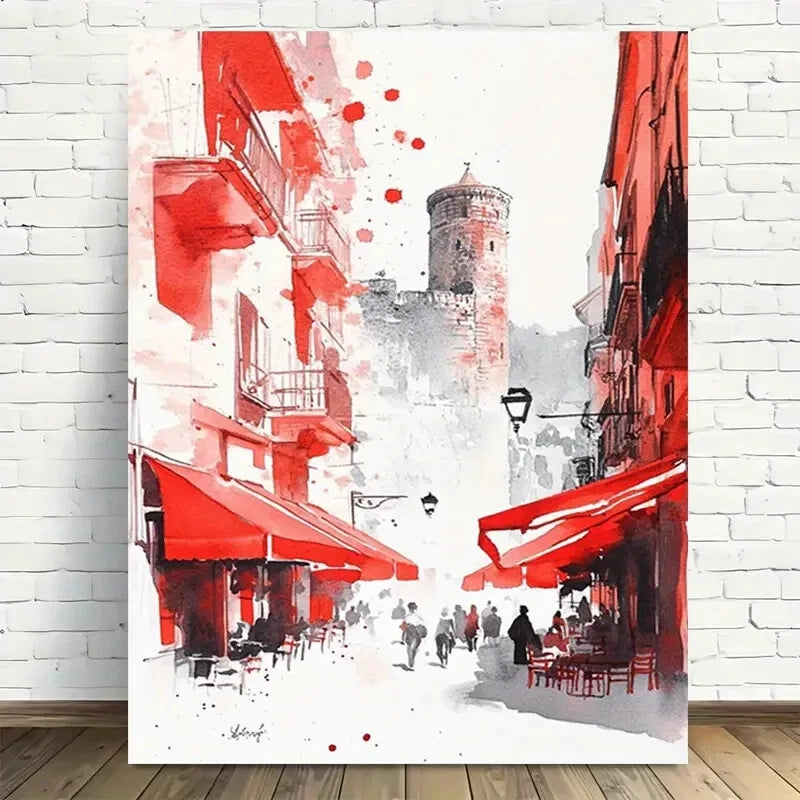Beautiful Red Paris Street Scene Vibrant Red Painting 40x60cm Metal Print Ready to Hang