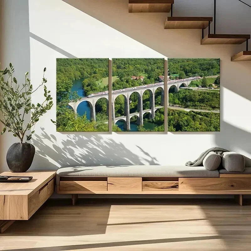 3pcs Big Bridge Over a River and Train Wall Art Set Canvas Framed 40x60cm - High Quality Print 100% Australian Made Wall Canvas Ready to Hang