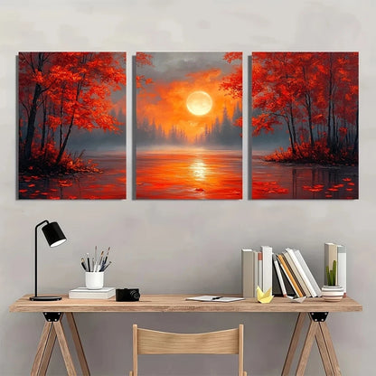 3pcs Autumn Moonlit Forest Vibrant Red Leaves Metal Print Ready to Hang Art