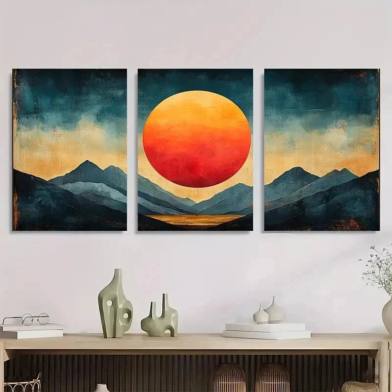 3pcs Geometric Sun Abstract Illustration Perfect Wall Art Set Canvas Framed 40x60cm - High Quality Print 100% Australian Made Wall Canvas Ready to Hang