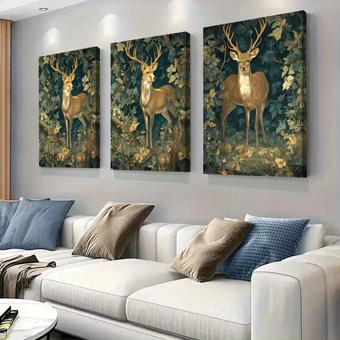 3pcs Golden - Deer in Forest Triptych Wall Art Set Wall Art Canvas Unframed - High Quality Print 100% Australian Made Wall Canvas