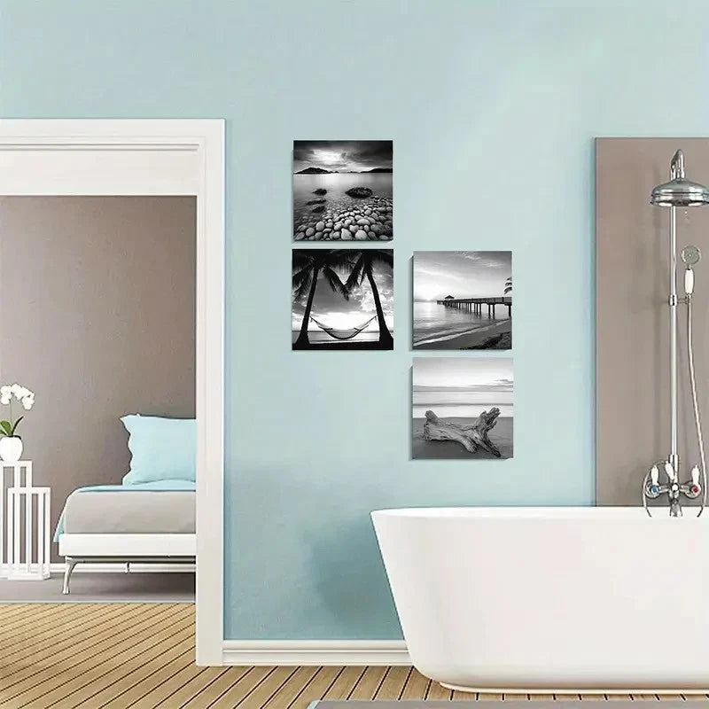 4pcs Black And White Beach Sunrise On Sea Scener Wall Art Canvas Framed