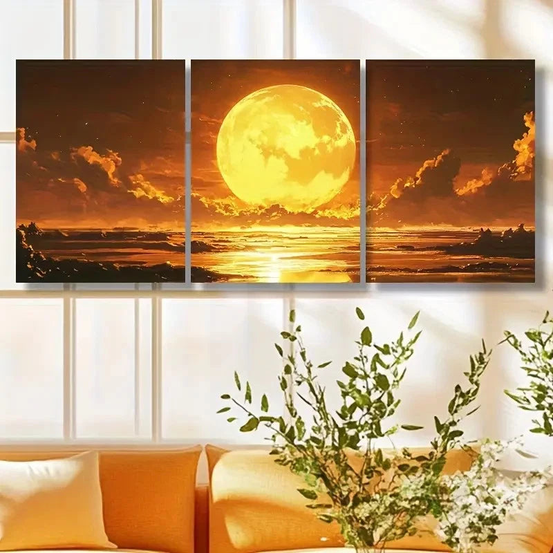 3pcs Vibrant Moonrise Over Golden Sunset Wall Art Set Canvas Framed 60x90cm - High Quality Print 100% Australian Made Wall Canvas Ready to Hang