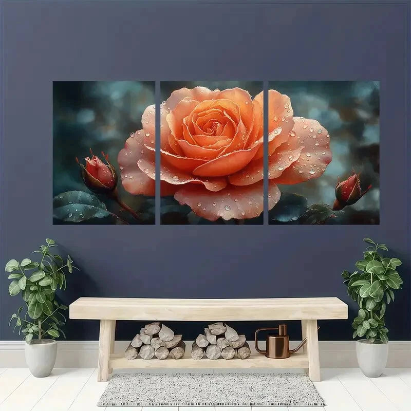 3pcs Vibrant Elegant Orange Rose Metal Print Ready to Hang Art