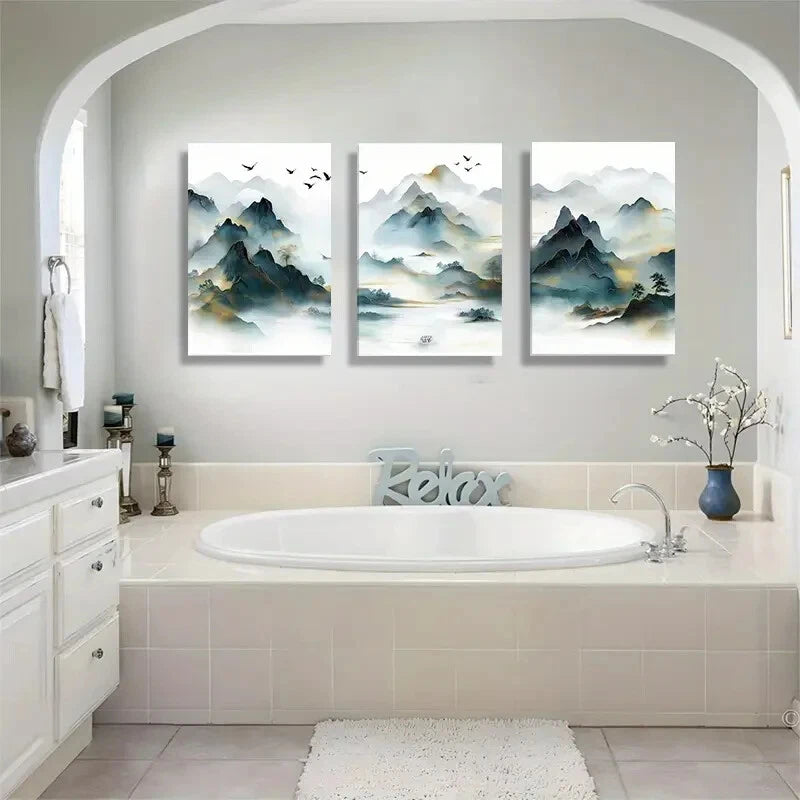 3pcs Misty Mountain Flying Birds Metal Print Ready to Hang Art
