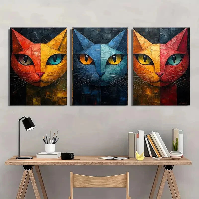 3pcs Vibrant Cubist Cat Colorful Abstract Metal Print Ready to Hang Art