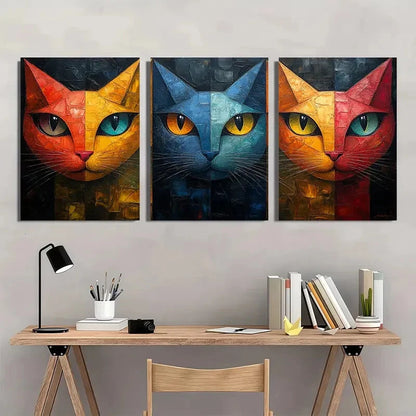 3pcs Vibrant Cubist Cat Colorful Abstract Metal Print Ready to Hang Art