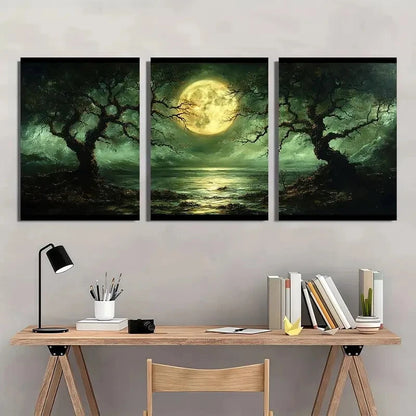 3pcs Moonlit Forest Golden Moon & Twisted Trees Metal Print Ready to Hang Art