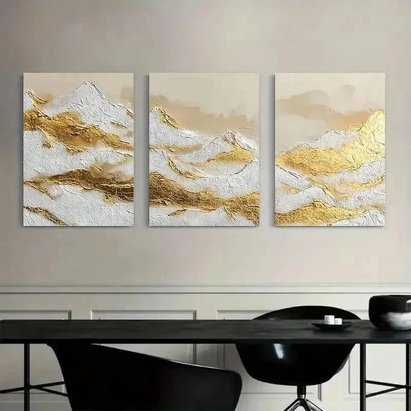 3pcs Golden and White Surface with Foil Accents Metal Print Ready to Hang Art