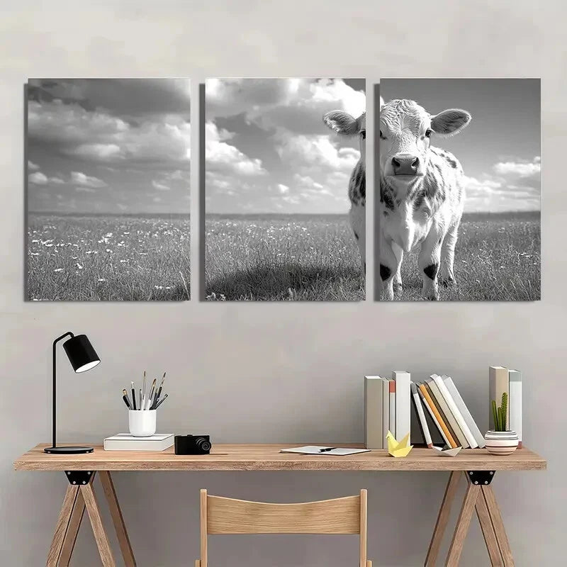 3pcs Black and White Country Style Cow Metal Print Ready to Hang Art