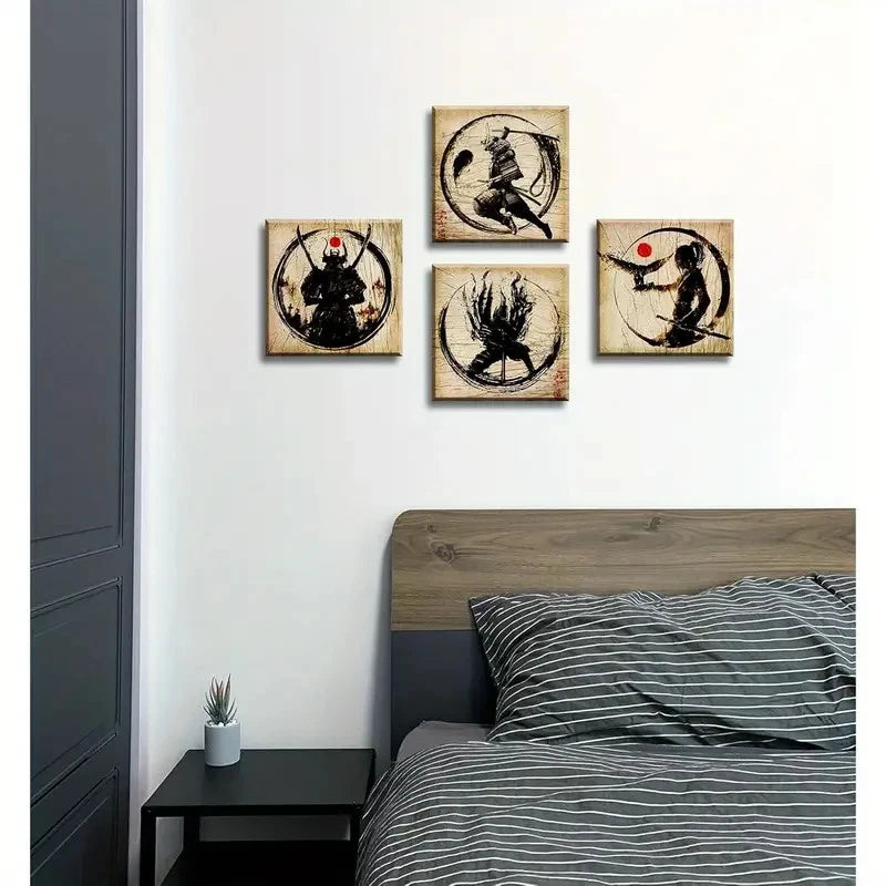 4pcs Japanese Samurai Canvas Wall Art Canvas Framed
