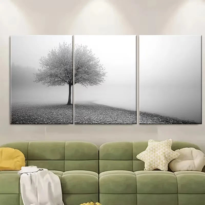 3pcs Calming Grey Landscape With a Solitary Tree Metal Print Ready to Hang Art - Bella Home Decor