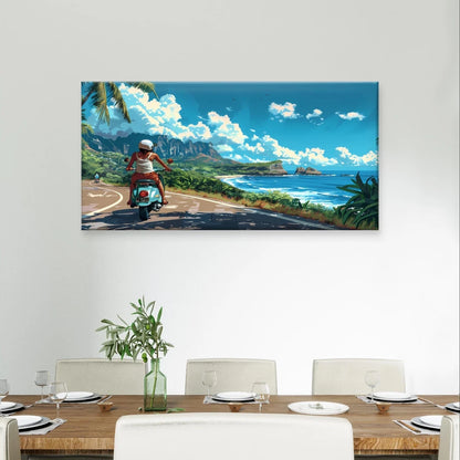 Scooter Rider on a Coastal Road Wall Art Canvas Office Home Framed 120x60cm