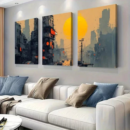 3pcs Urban Dystopian Sunset Cyberpunk Cityscape Wall Art Set Canvas Unframed - High Quality Print 100% Australian Made Wall Canvas
