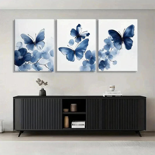 3pcs Blue Butterfly Floral Watercolor Perfect Wall Art Set Canvas Framed 40x60cm - High Quality Print 100% Australian Made Wall Canvas Ready to Hang