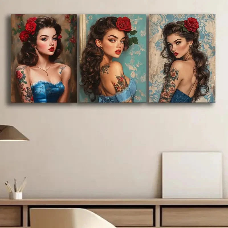 3pcs Vintage Brunette Girl with Tattoos Wall Art Set Canvas Framed 50x70cm - High Quality Print 100% Australian Made Wall Canvas Ready to Hang