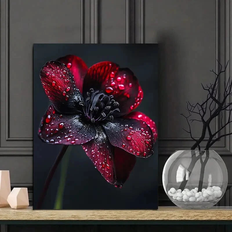 Elegant Black And Dark Red Floral Raindrops 40x60cm Metal Print Ready to Hang