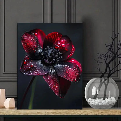 Elegant Black And Dark Red Floral Raindrops 40x60cm Metal Print Ready to Hang