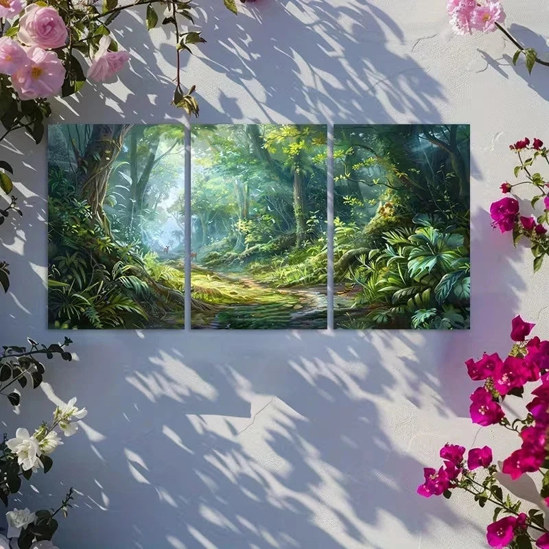 3pcs Dense Forest with Fallen Trees and Grass Metal Print Ready to Hang Art