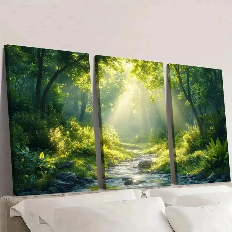 3pcs Serene Green Forest Lush Trees & Stream Wall Art Set Canvas Framed 40x60cm - High Quality Print 100% Australian Made Wall Canvas Ready to Hang