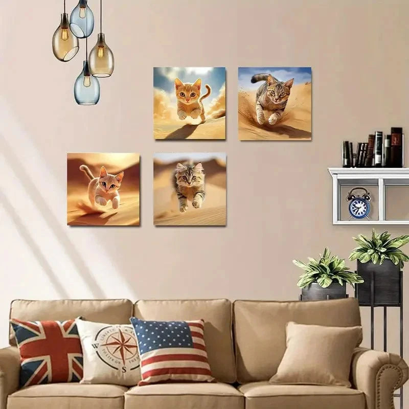 4pcs Kitties running on a Desert Wall Art Canvas Framed