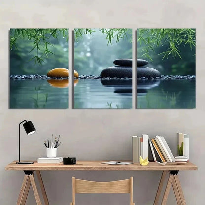 3pcs Zen Bamboo And Stone Calming Nature Decor Wall Art Set Canvas Framed 40x60cm - High Quality Print 100% Australian Made Wall Canvas Ready to Hang