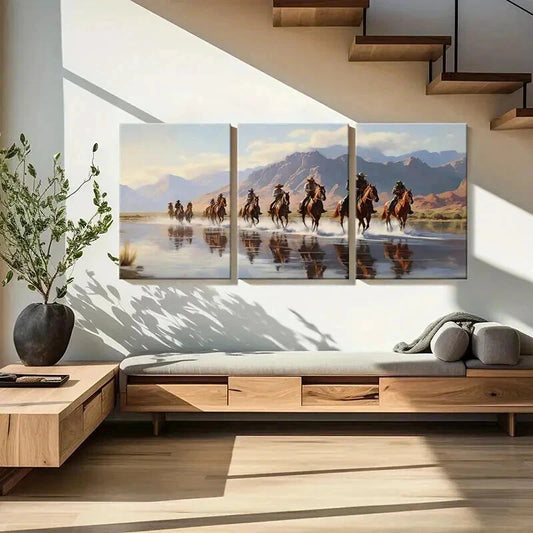 3pcs Cowboys Herd Of Horses River Mountains Wall Art Set Canvas Framed 40x60cm - High Quality Print 100% Australian Made Wall Canvas Ready to Hang