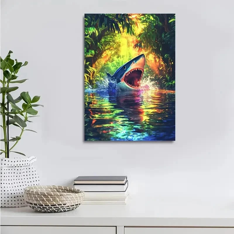 Shark Splash Jungle Scene with Rainbow Painting 40x60cm Metal Print Ready to Hang