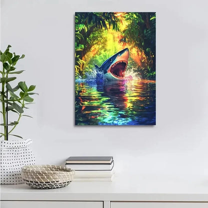 Shark Splash Jungle Scene with Rainbow Painting 40x60cm Metal Print Ready to Hang