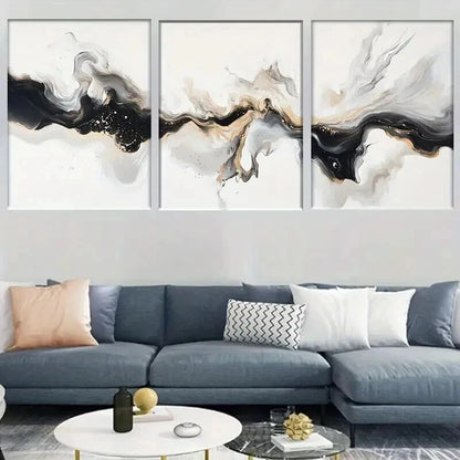 3pcs Elegant Black White And Golden Abstract Wall Art Set Canvas Framed 50x70cm - High Quality Print 100% Australian Made Wall Canvas Ready to Hang