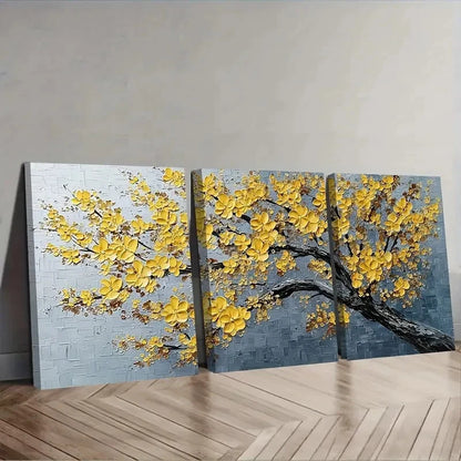 Three-panel wall art of a tree with yellow leaves on a gray background