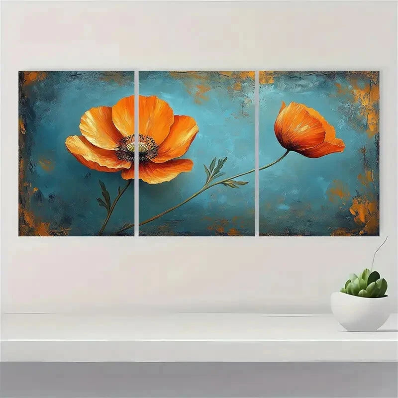 3pcs Wildflower Painting Vintage California Poppy Metal Print Ready to Hang Art