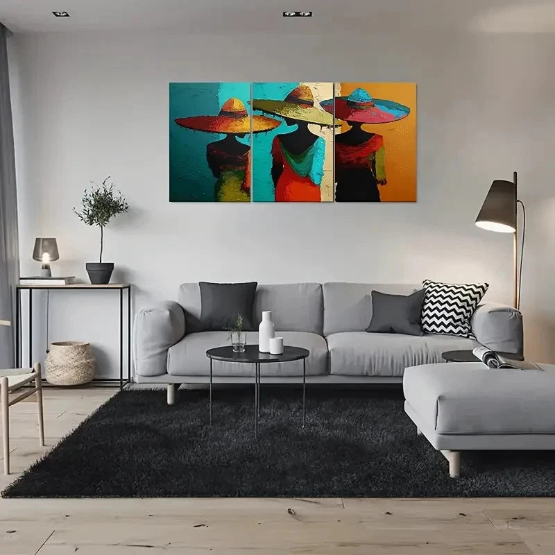 3pcs Women Hats Vibrant Teal Orange Yellow & Blue Metal Print Ready to Hang Art