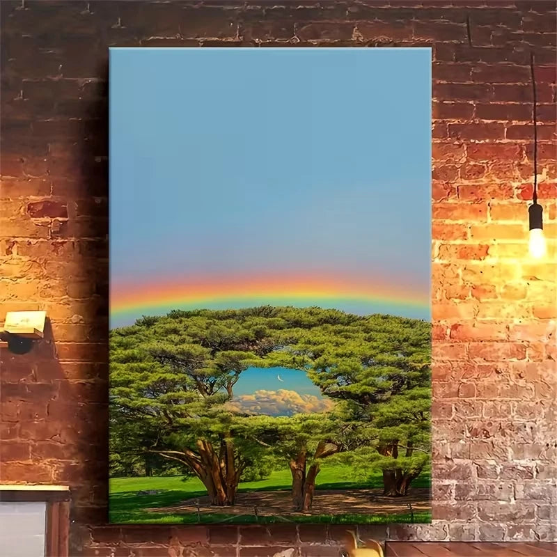 Vibrant Rainbow & Big Tree, Metal Print Ready to Hang