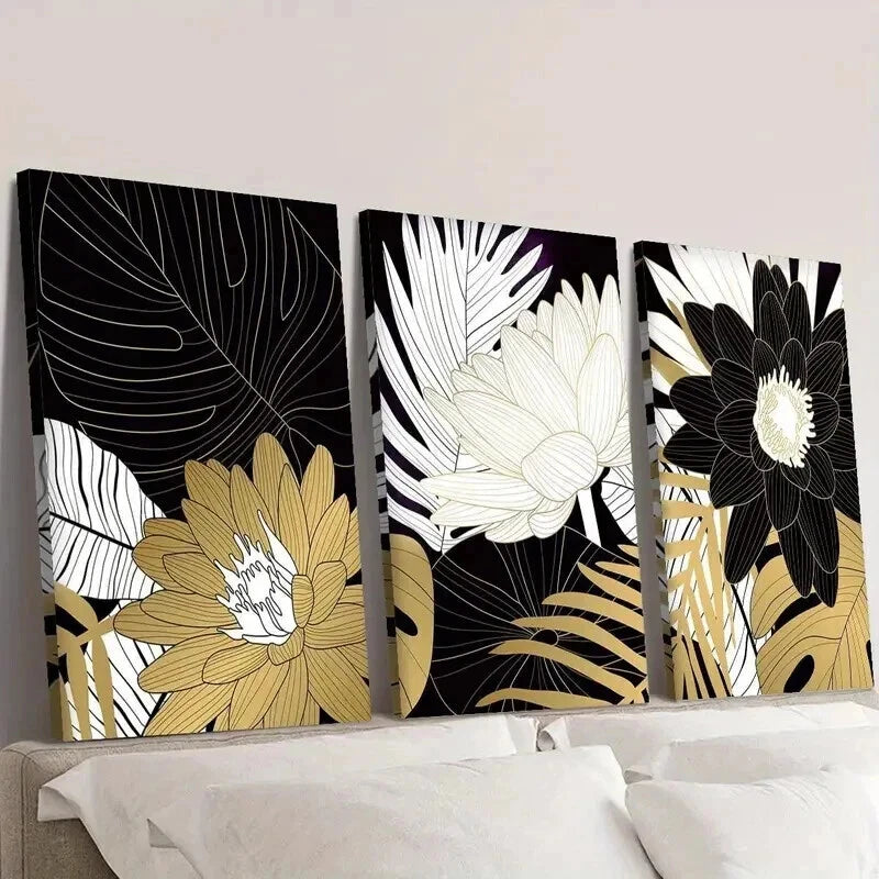 3pcs Gold White Black Lotus & Tropical Leaves Wall Art Set Canvas Framed 40x60cm - High Quality Print 100% Australian Made Wall Canvas Ready to Hang