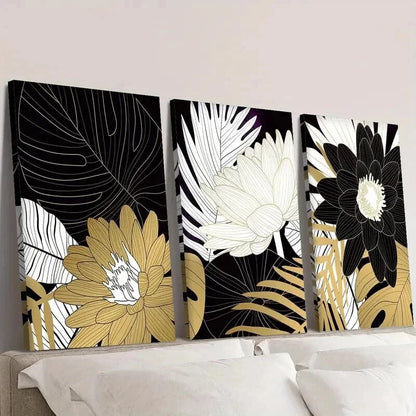 3pcs Gold White Black Lotus & Tropical Leaves Wall Art Set Canvas Framed 40x60cm - High Quality Print 100% Australian Made Wall Canvas Ready to Hang