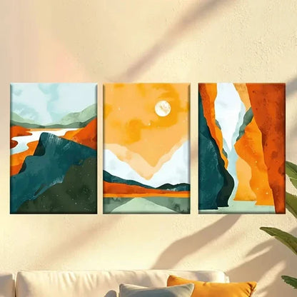 3pcs Orange, Blue & Green with Sun, Moon & Stars Wall Art Canvas Unframed - High Quality Print 100% Australian Made Wall Canvas