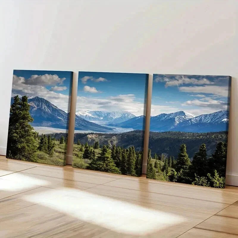 3pcs Mountains Trees and Blue Sky with Clouds Wall Art Set Canvas Framed 40x60cm - High Quality Print 100% Australian Made Wall Canvas Ready to Hang