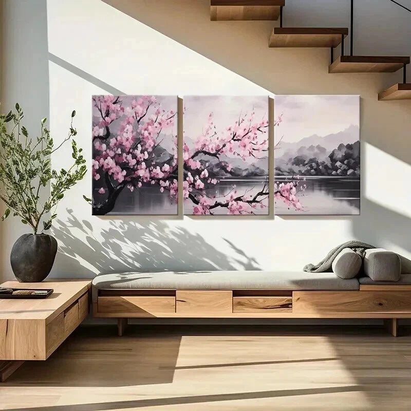 3pcs Cherry Blossoms Lake & Mountain Landscape Wall Art Set Canvas Framed 40x60cm - High Quality Print 100% Australian Made Wall Canvas Ready to Hang