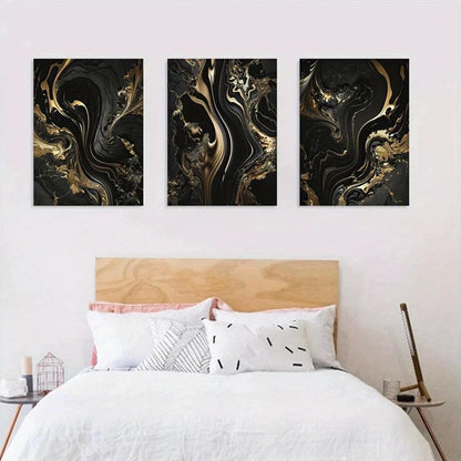 3pcs Black & Golden Marble Abstract Design Metal Print Ready to Hang Art