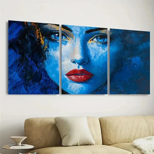 3pcs Blue Face Abstract Lady Woman Face Wall Art Set Canvas Unframed - High Quality Print 100% Australian Made Wall Canvas