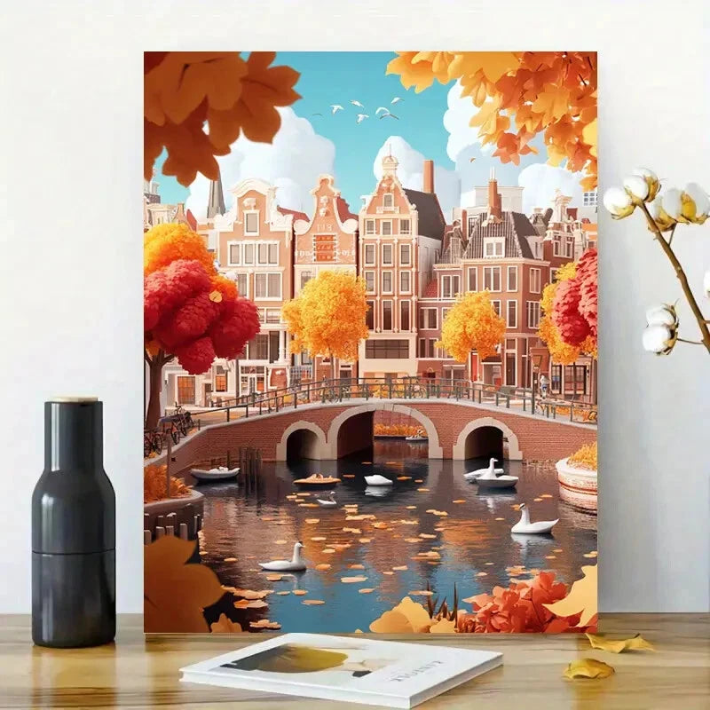 Autumn in The City of Leumidd, With a River And Bridge 40x60cm Metal Print Ready to Hang