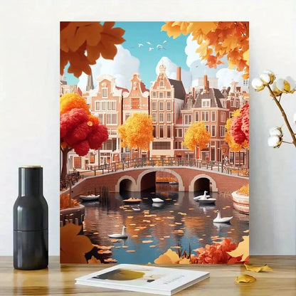 Autumn in The City of Leumidd, With a River And Bridge 40x60cm Metal Print Ready to Hang