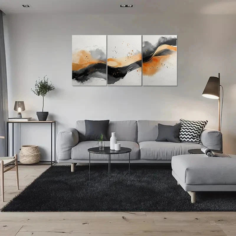 3pcs Modern Abstract Black White Orange Waves Metal Print Ready to Hang Art