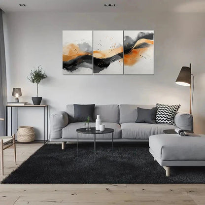 3pcs Modern Abstract Black White Orange Waves Metal Print Ready to Hang Art
