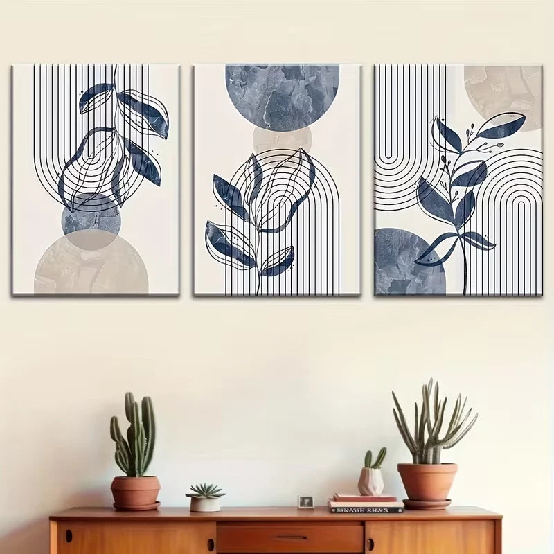 3pcs Blue Geometrical Plants Metal Print Ready to Hang Art
