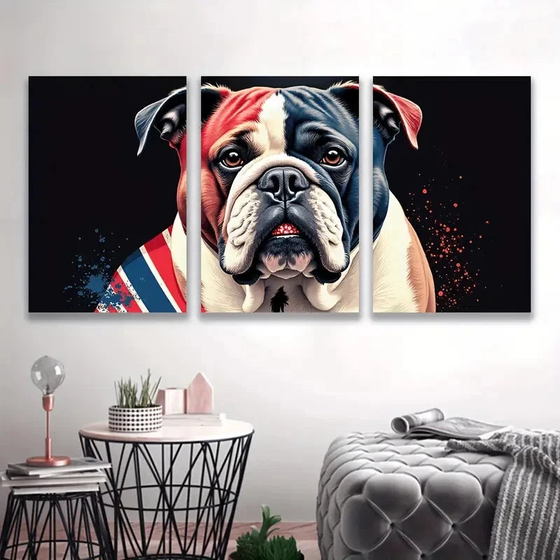 3pcs Bulldog Patriotic & British Flags Design A Wall Art Set Canvas Framed 50x70cm - High Quality Print 100% Australian Made Wall Canvas Ready to Hang
