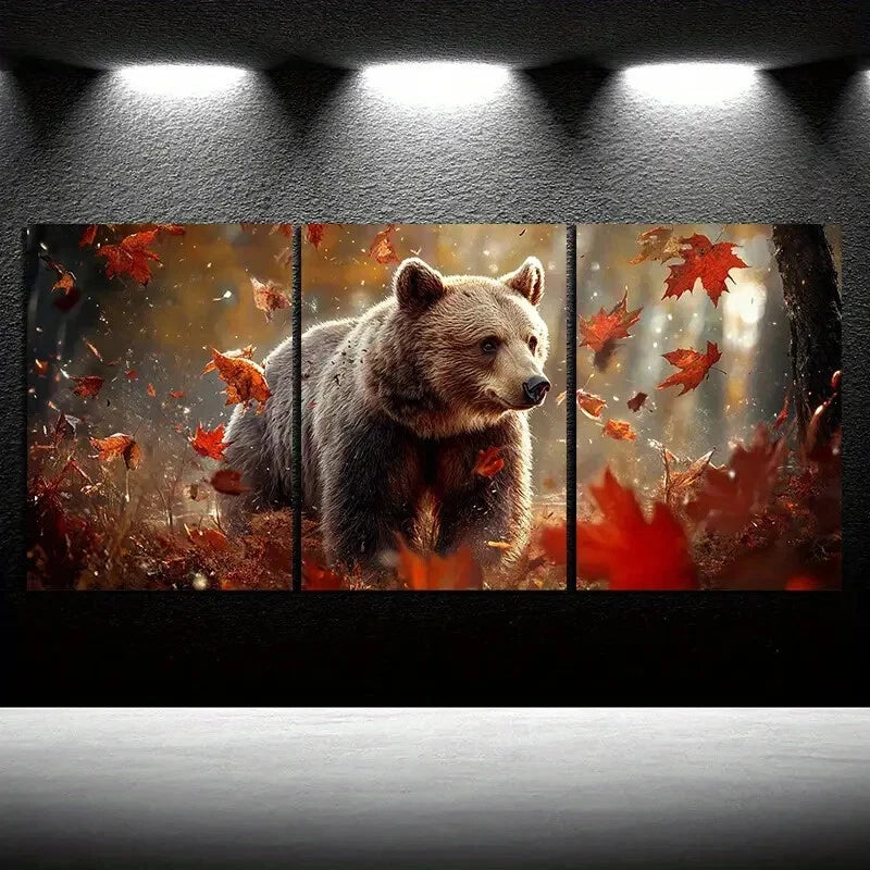 3pcs Bears in the Forest Red Leaves Modern Themed Metal Print Ready to Hang Art