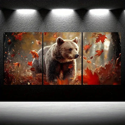 3pcs Bears in the Forest Red Leaves Modern Themed Metal Print Ready to Hang Art