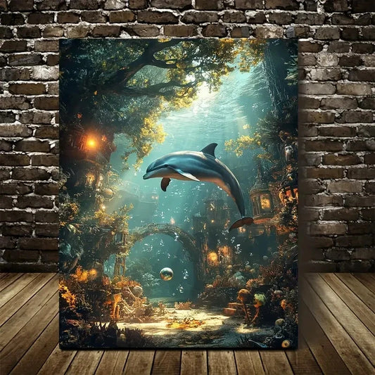 Underwater Coral Reef with Sunlit Trees Painting 40x60cm Metal Print Ready to Hang
